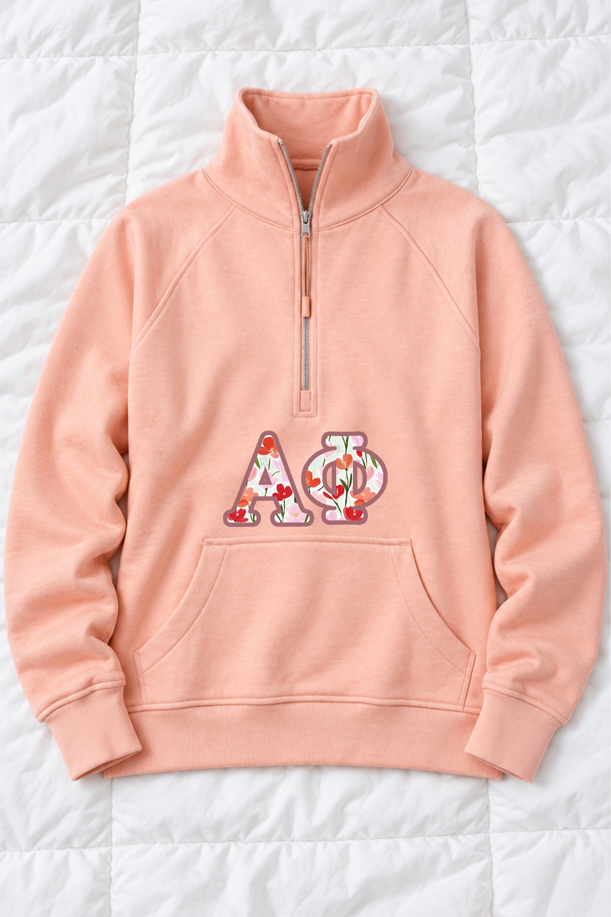 Peach Quarter Zip with Floral Greek Letters