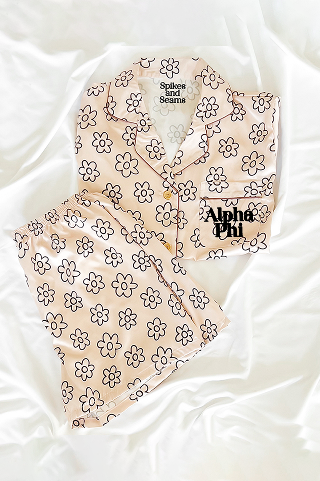 Block Font Beige Daisy pajamas - Alpha Phi