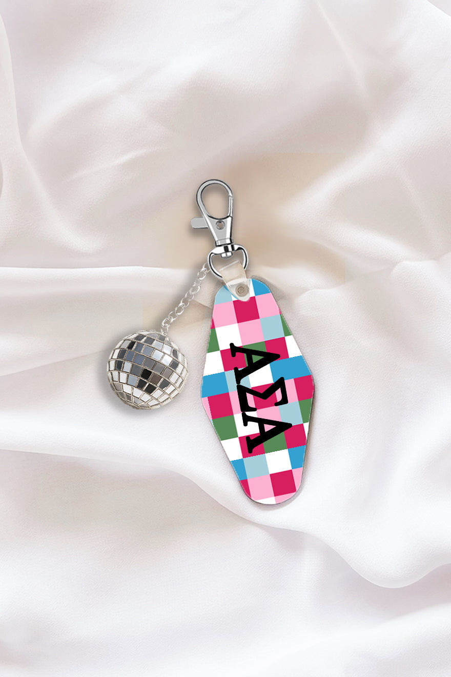 Pink Plaid Keychain with Disco Ball Tassel - Alpha Sigma Alpha