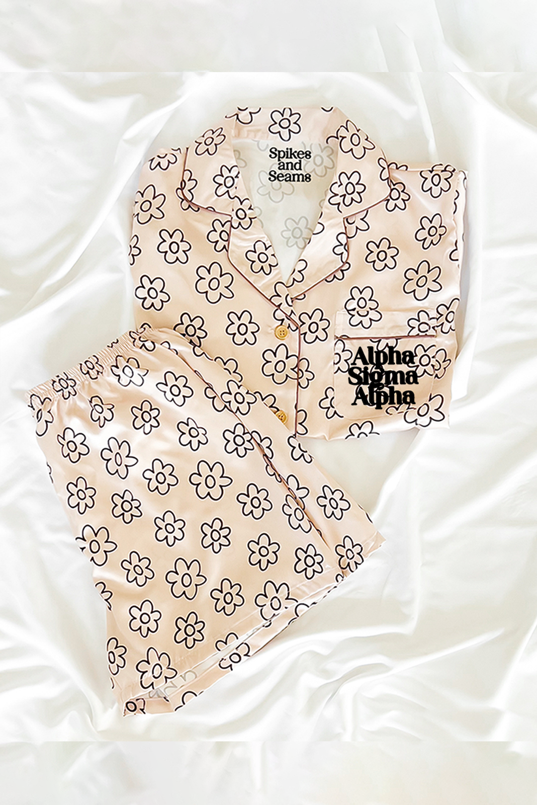 Block Font Beige Daisy pajamas - Alpha Sigma Alpha