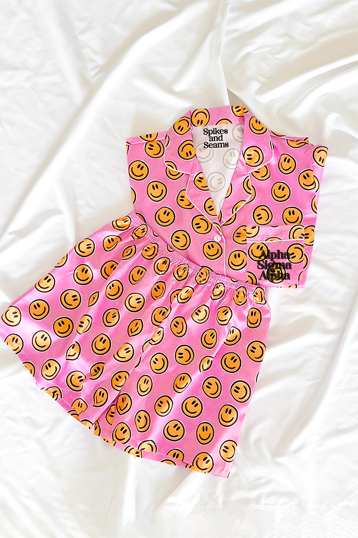 Block Font Pink Smiley pajamas - Alpha Sigma Alpha