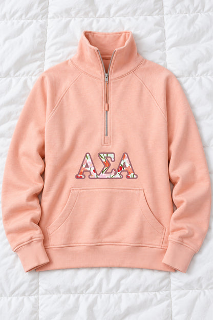 Peach Quarter Zip with Floral Greek Letters
