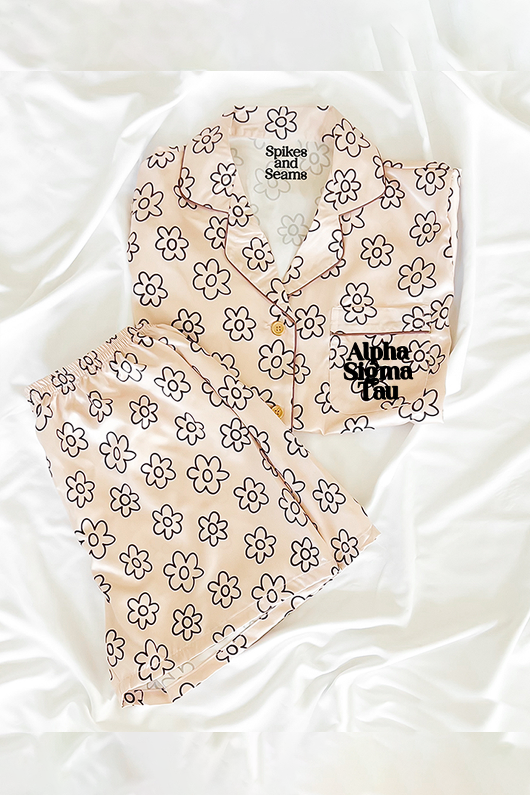 Block Font Beige Daisy pajamas - Alpha Sigma Tau