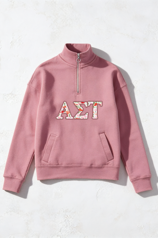 Orchid Floral Greek Letter Quarter Zip - Alpha Sigma Tau