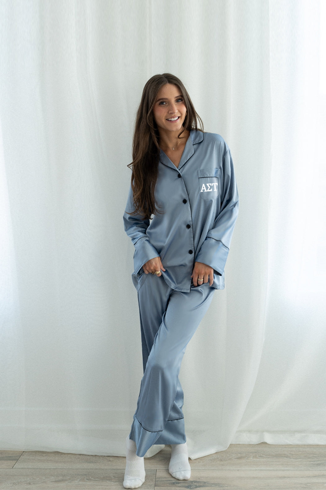 Dusty Blue Pants Set with Greek Letter Pocket - Alpha Sigma Tau
