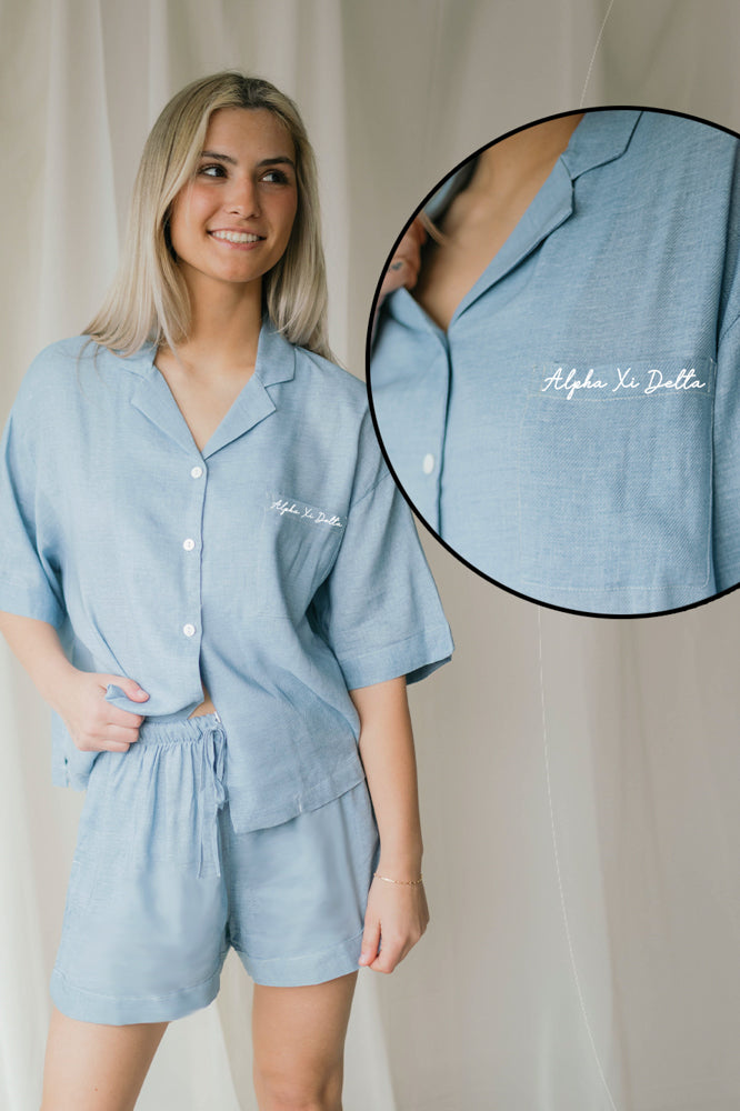 Blue Linen Matching Set - Alpha Xi Delta