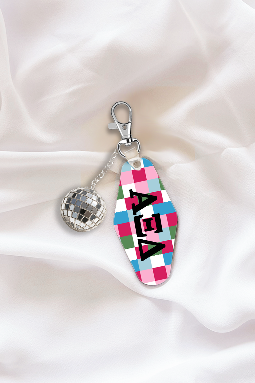 Pink Plaid Sorority Keychain with Disco Ball Tassel