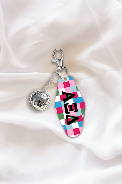 Pink Plaid Sorority Keychain with Disco Ball Tassel