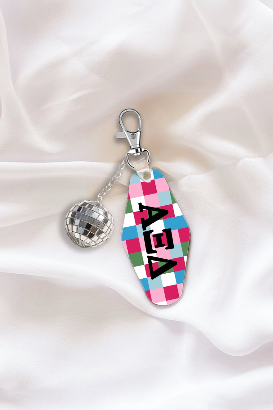 Pink Plaid Keychain with Disco Ball Tassel - Alpha Xi Delta
