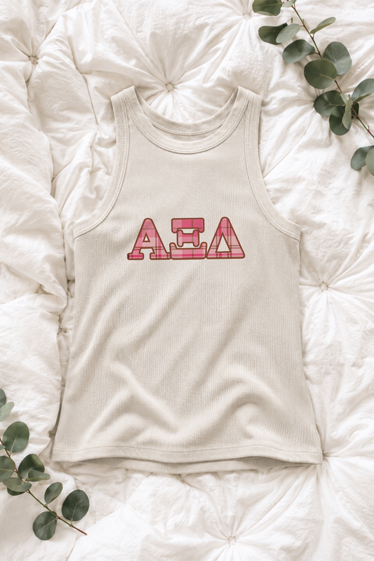 Plaid Pink Letters Sorority Tank - Alpha Xi Delta