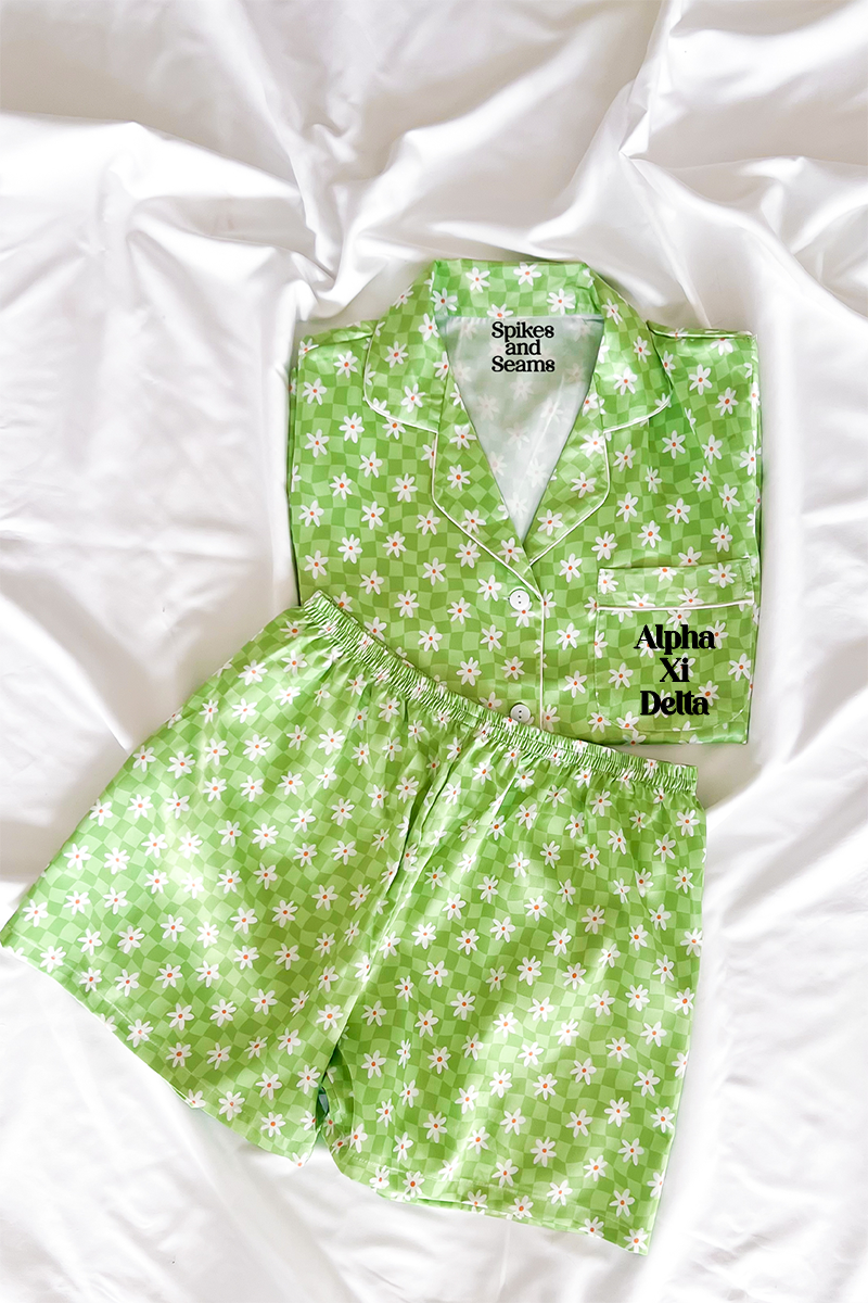 Block Font Green Daisy Checkered pajamas - Alpha Xi Delta