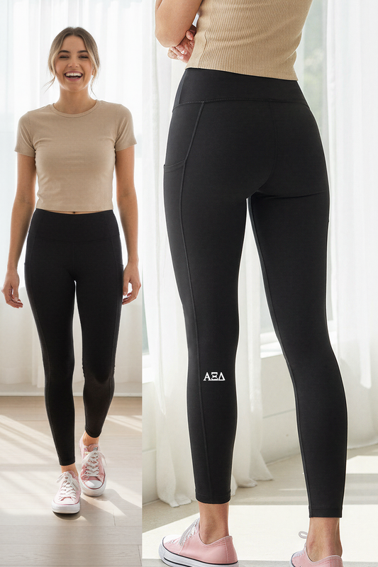 Women's Performance Leggings with Small White Greek Letters - Alpha Xi Delta
