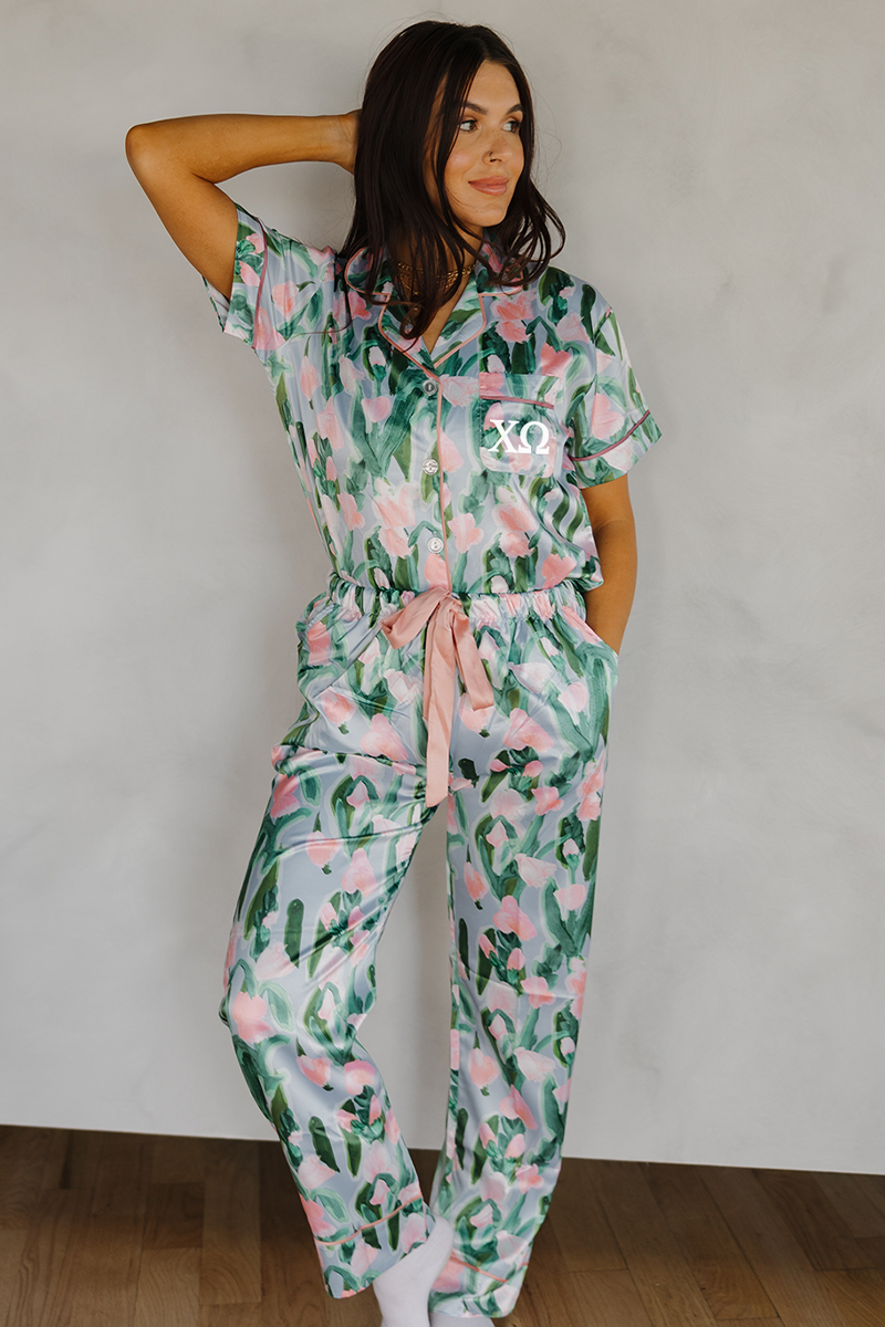 Fluid Tulips Ribbon Pants Set with Greek Letter Pocket - Chi Omega