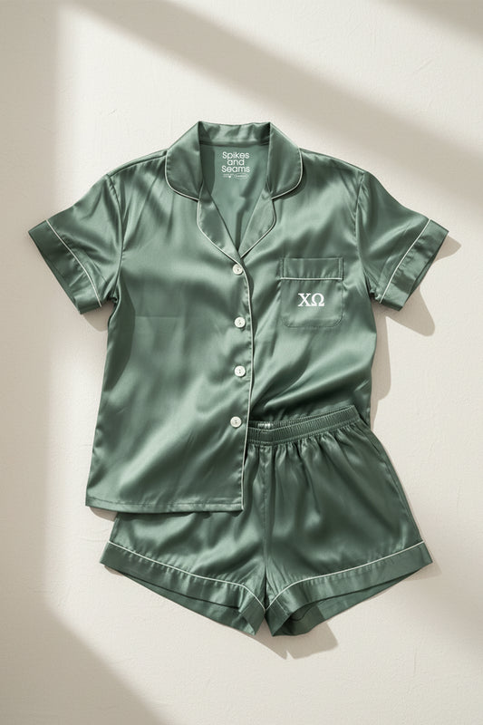 Eucalyptus Pajamas with Small White Greek Letters - Chi Omega