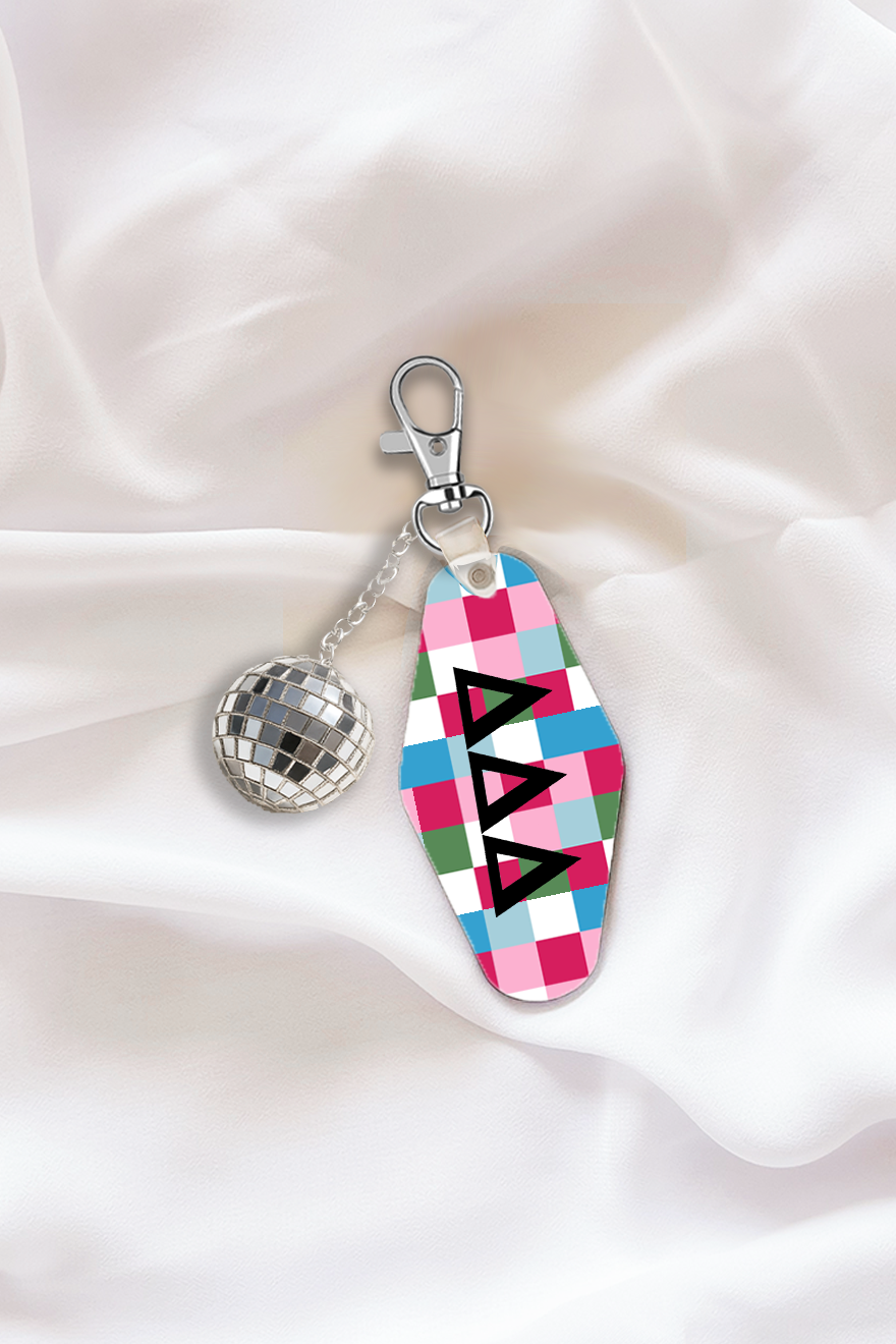 Pink Plaid Sorority Keychain with Disco Ball Tassel