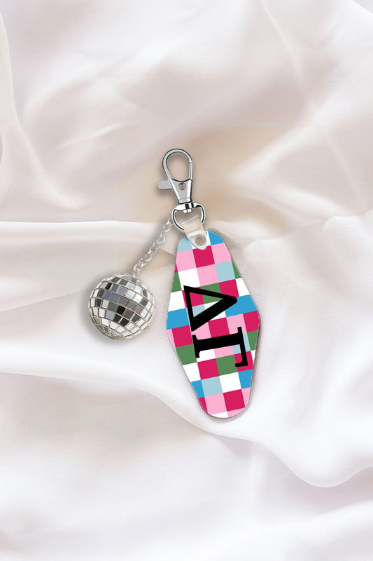 Pink Plaid Keychain with Disco Ball Tassel - Delta Gamma