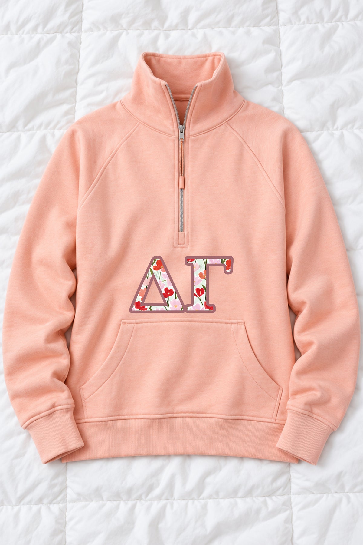 Peach Quarter Zip with Floral Greek Letters