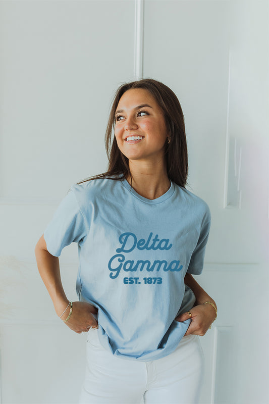 Blue with Blue text tee - Delta Gamma