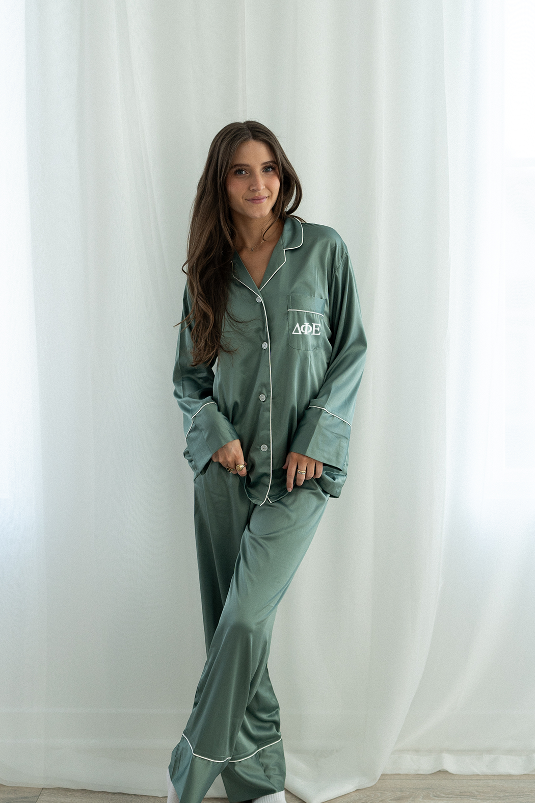 Eucalyptus Pants Set with Greek Letter Pocket - Delta Phi Epsilon