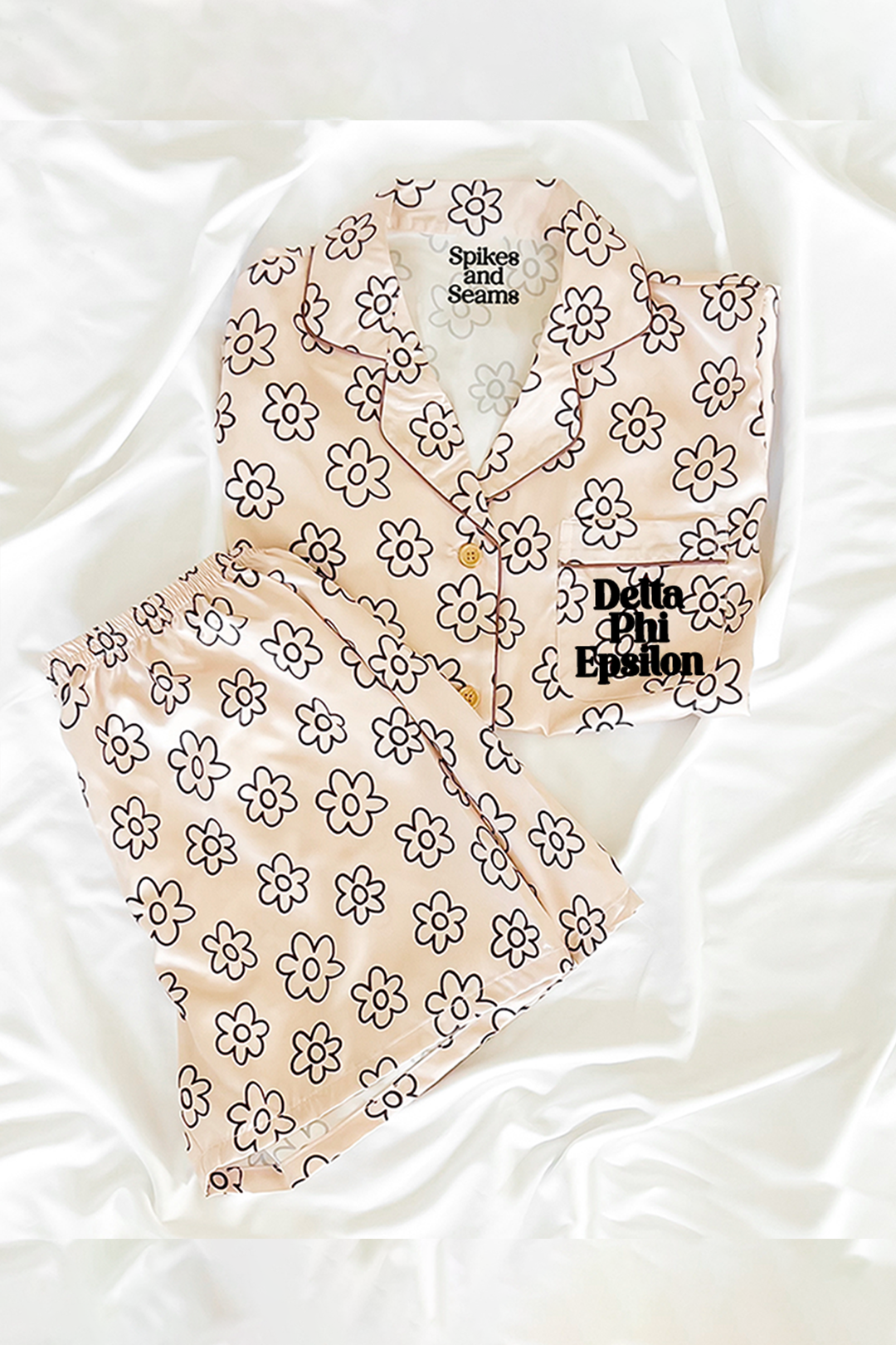 Block Font Beige Daisy pajamas - Delta Phi Epsilon