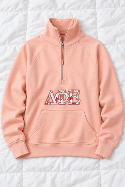 Peach Quarter Zip with Floral Greek Letters