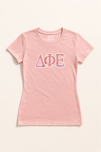 Pink Floral Greek Letter Tee - Delta Phi Epsilon