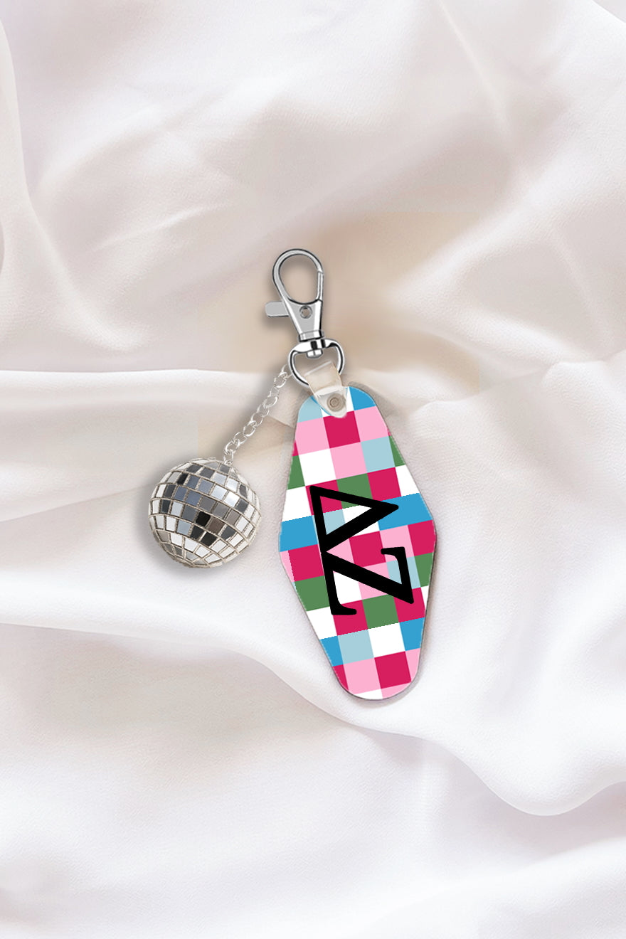 Pink Plaid Keychain with Disco Ball Tassel - Delta Zeta