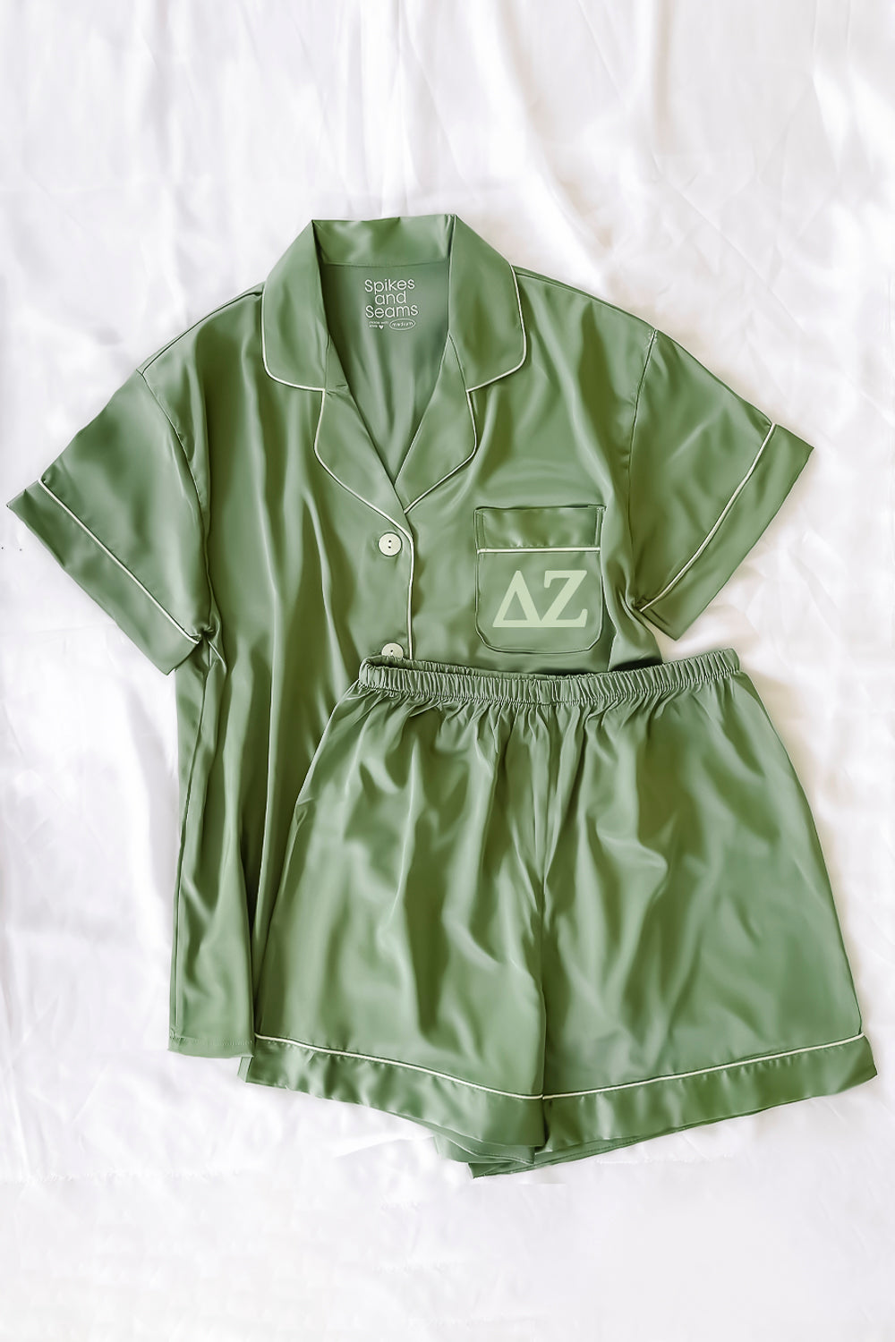 Eucalyptus Pajamas with Light Green Greek Letters - Delta Zeta
