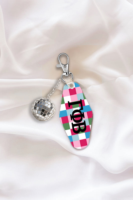 Pink Plaid Keychain with Disco Ball Tassel - Gamma Phi Beta