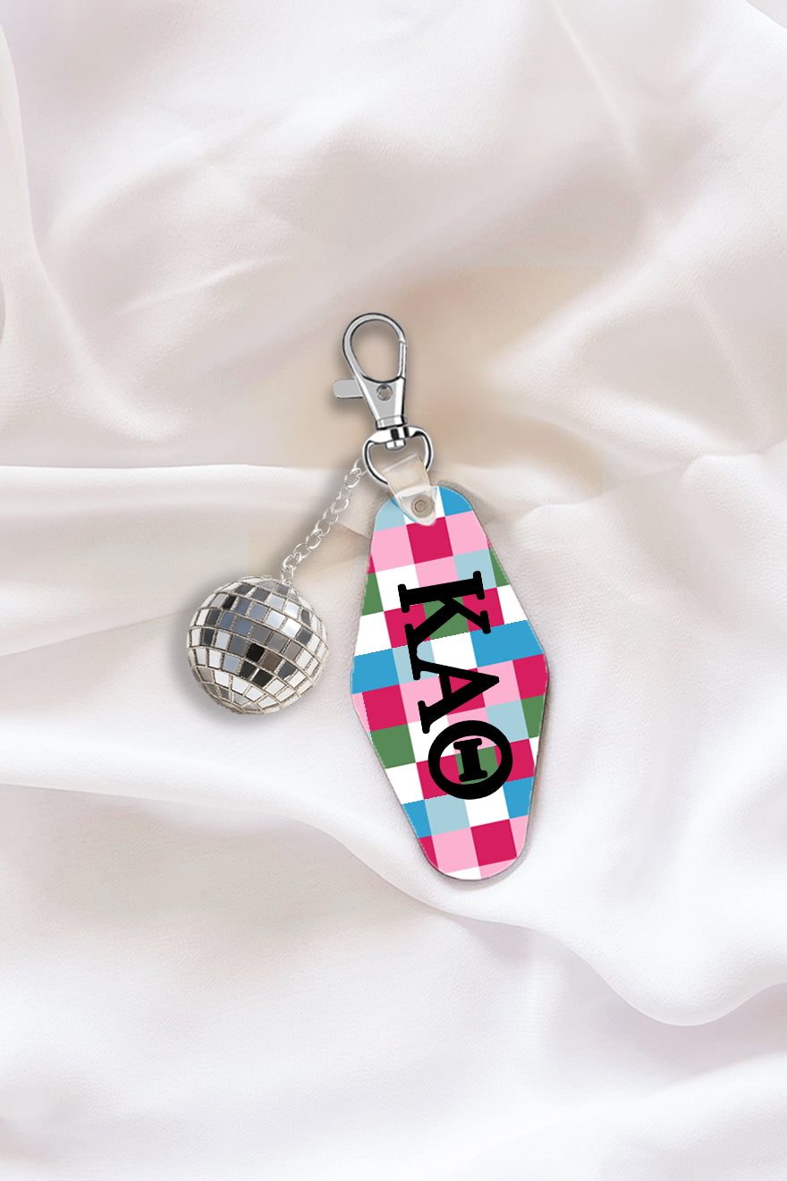 Pink Plaid Keychain with Disco Ball Tassel - Kappa Alpha Theta