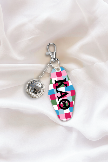Pink Plaid Sorority Keychain with Disco Ball Tassel