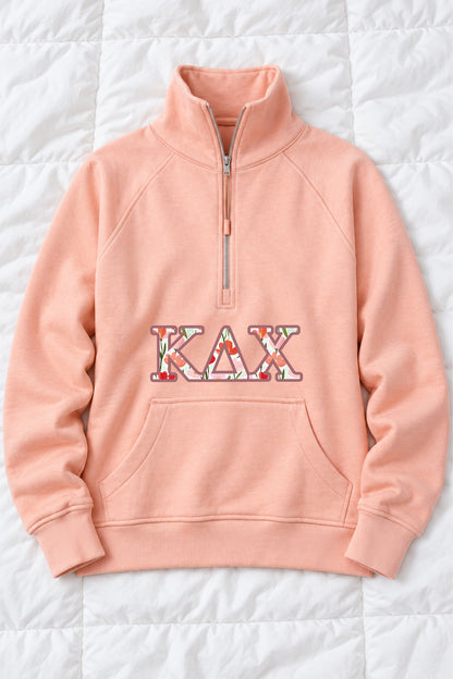 Peach Quarter Zip with Floral Greek Letters