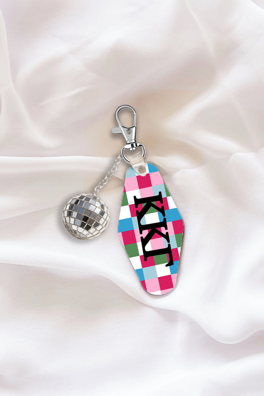 Pink Plaid Keychain with Disco Ball Tassel - Kappa Kappa Gamma