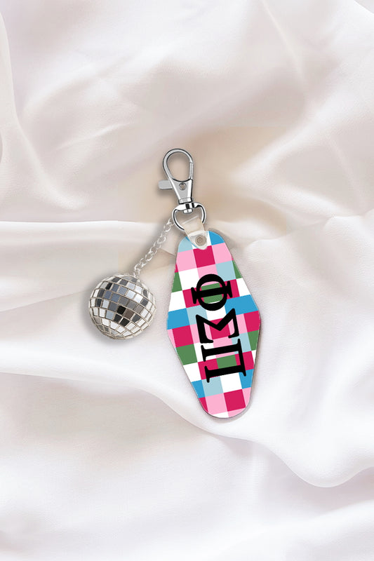 Pink Plaid Keychain with Disco Ball Tassel - Phi Sigma Pi