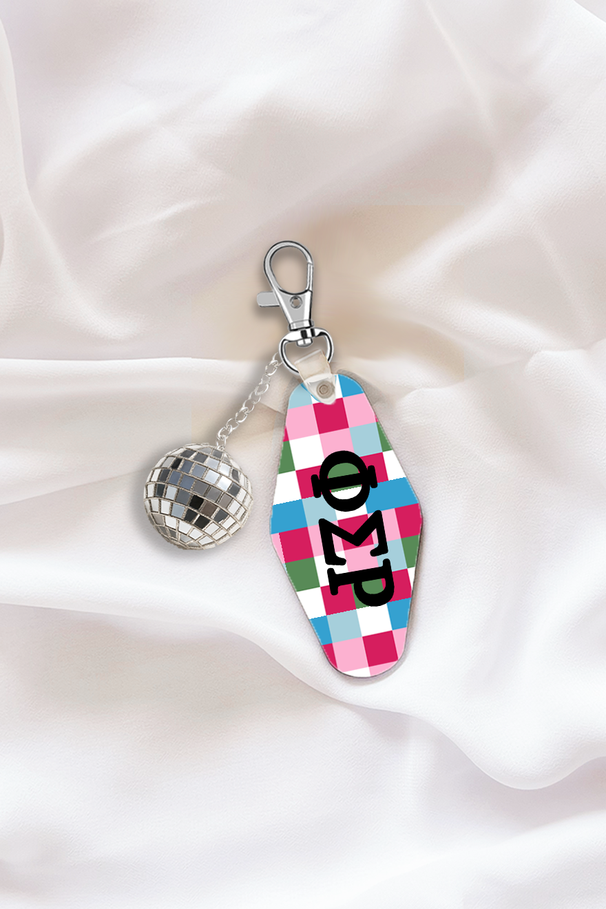 Pink Plaid Sorority Keychain with Disco Ball Tassel