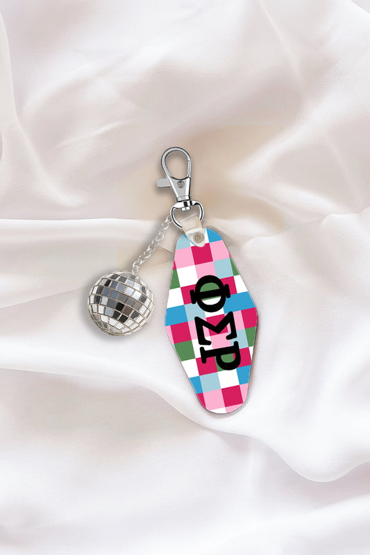 Pink Plaid Keychain with Disco Ball Tassel - Phi Sigma Rho