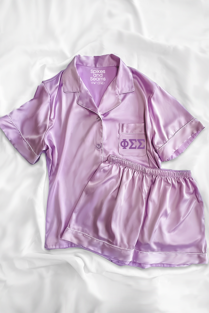 Lavender Pajamas with Plum Greek Letters - Phi Sigma Sigma