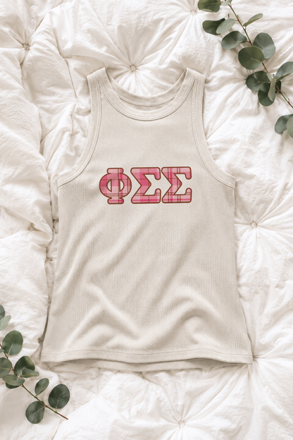 Plaid Pink Letters Sorority Tank