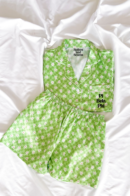 Block Font Green Daisy Checkered Pajamas - Pi Beta Phi