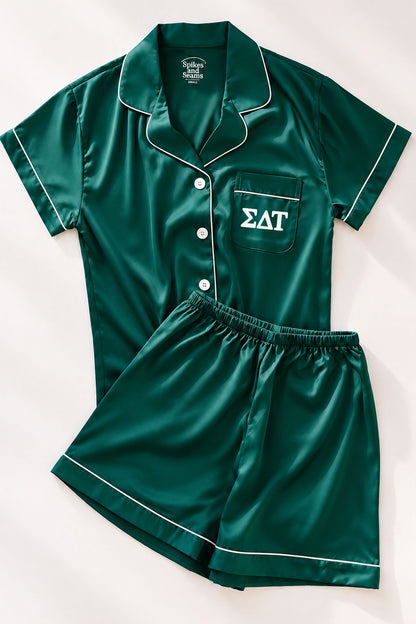 Forest Green Satin Pajamas - Greek Letter