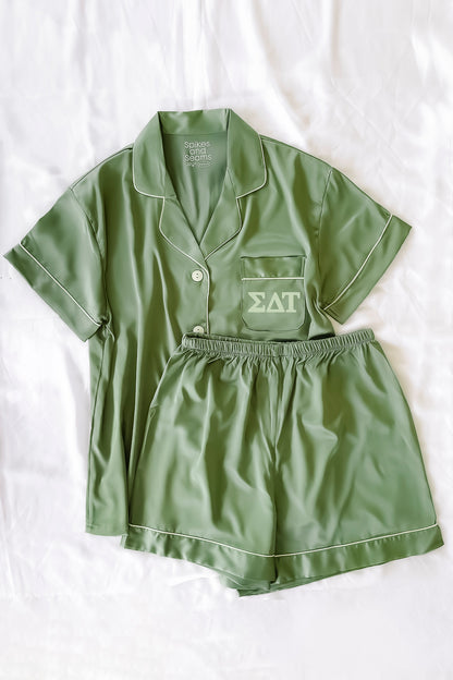 Eucalyptus Pajamas with Light Green Greek Letters - Sigma Delta Tau