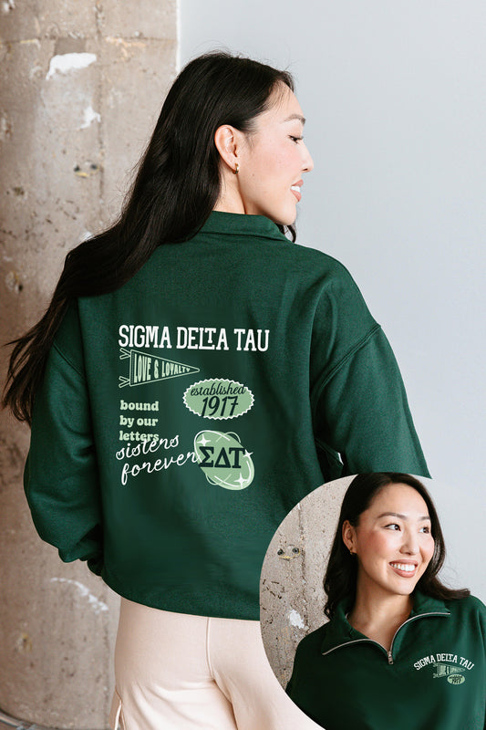 Green Retro Badges Quarter Zip - Sigma Delta Tau