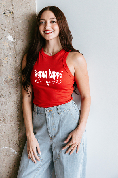 Red Ribbed Sparkle Text Sorority Tank - Sigma Kappa