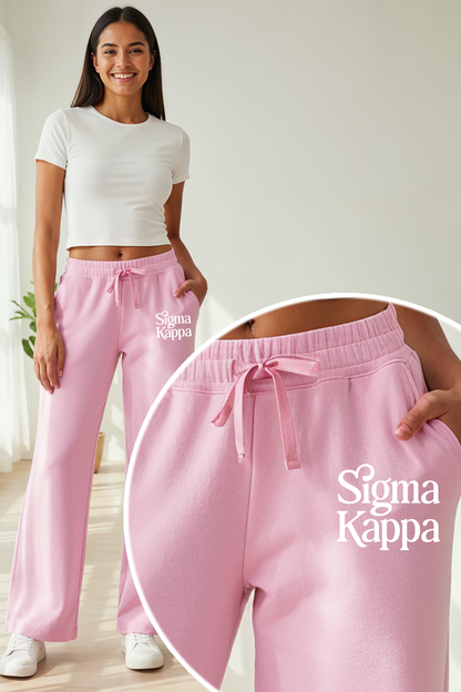 Pink Terry Sweatpants with White Sigma Kappa Logo - Spikes and Seams Greek