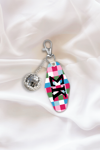 Pink Plaid Sorority Keychain with Disco Ball Tassel