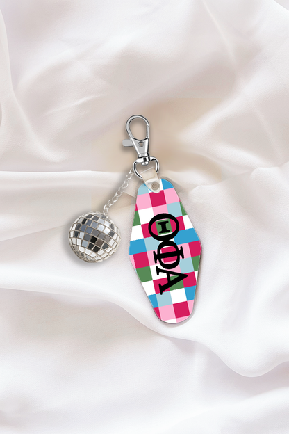 Pink Plaid Sorority Keychain with Disco Ball Tassel