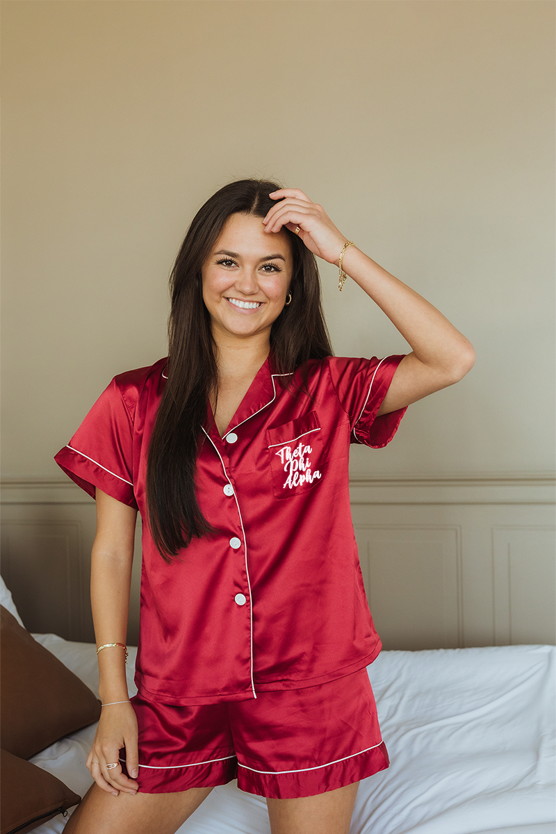 Burgundy Script Font Pajamas - Theta Phi Alpha