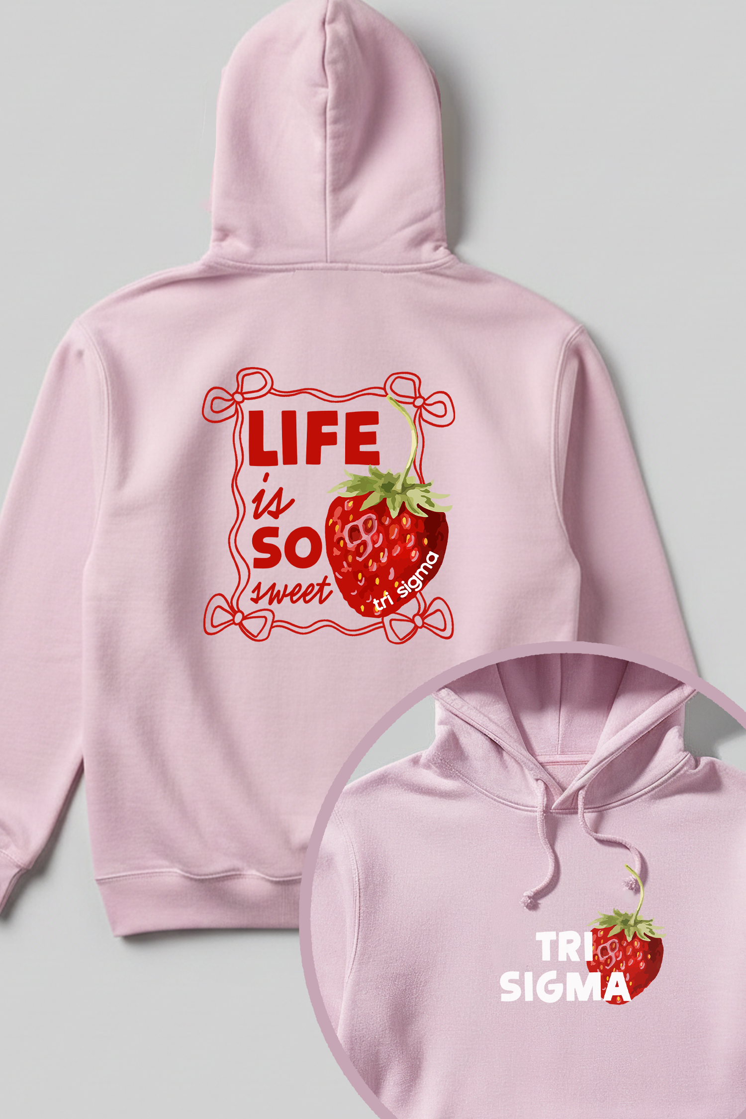 Light Pink Strawberry Hoodie - Tri Sigma - Spikes and Seams Greek