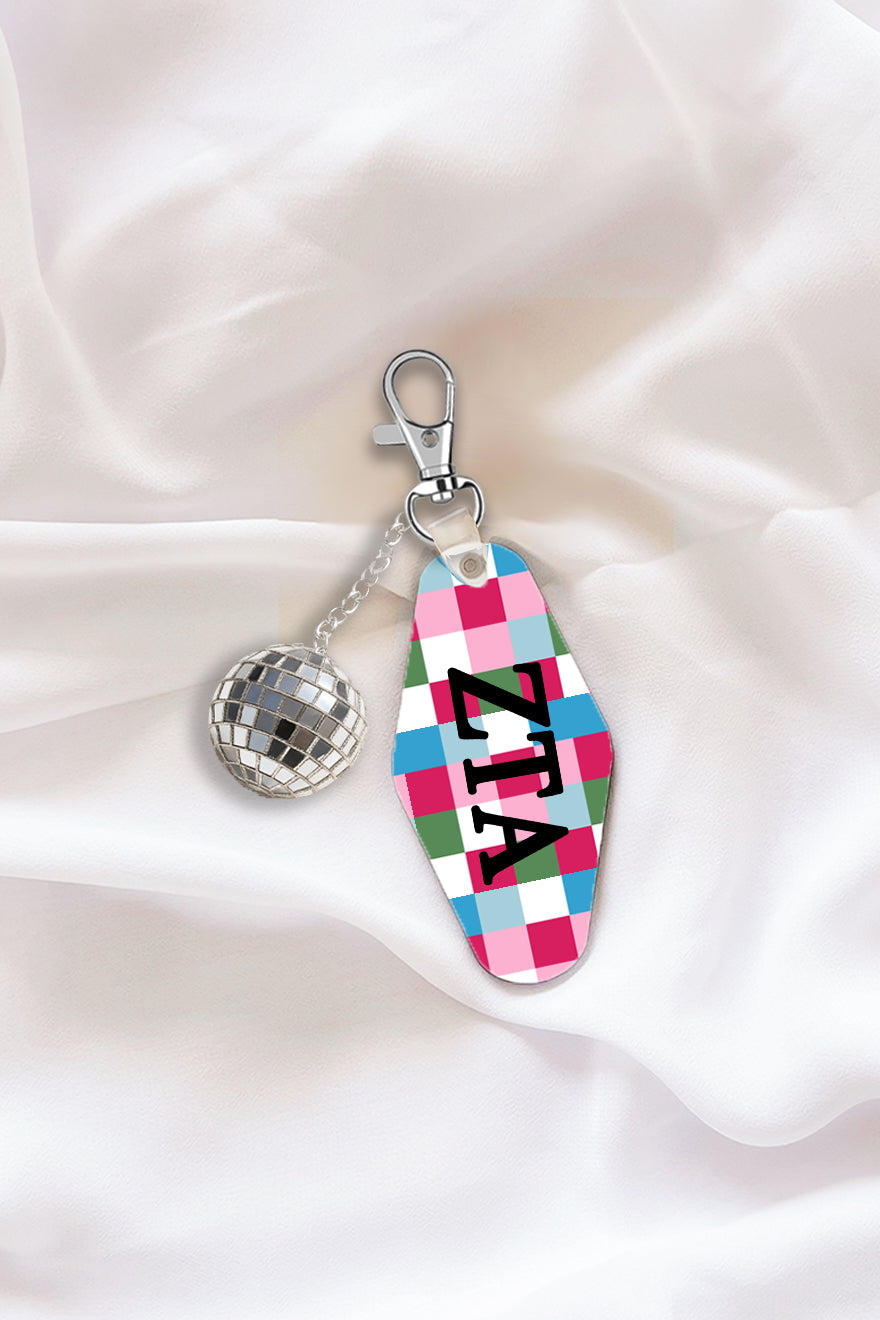 Pink Plaid Keychain with Disco Ball Tassel - Zeta Tau Alpha