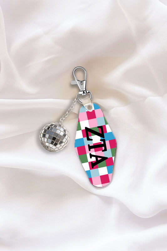 Pink Plaid Keychain with Disco Ball Tassel - Zeta Tau Alpha